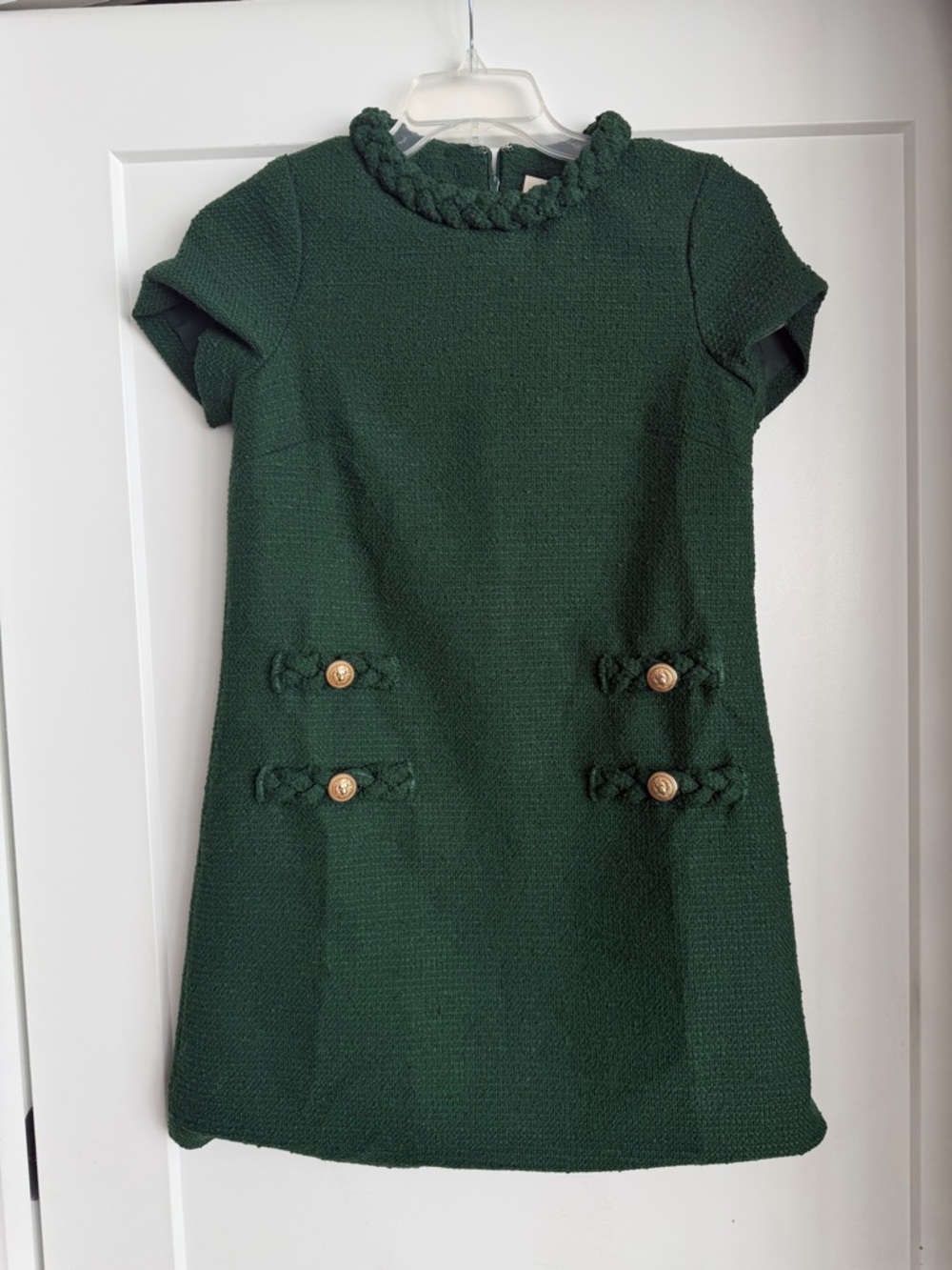 Tuckernuck Braided-Collar Short Sleeve A-Line Dress in Dark Green